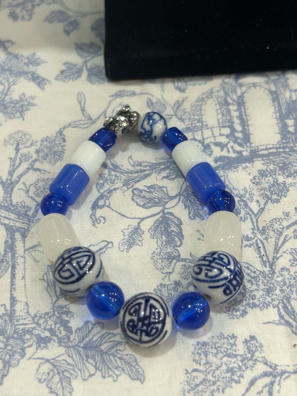 Vintage Blue and White Porcelain Bead and Crystal Stretch Bracelet